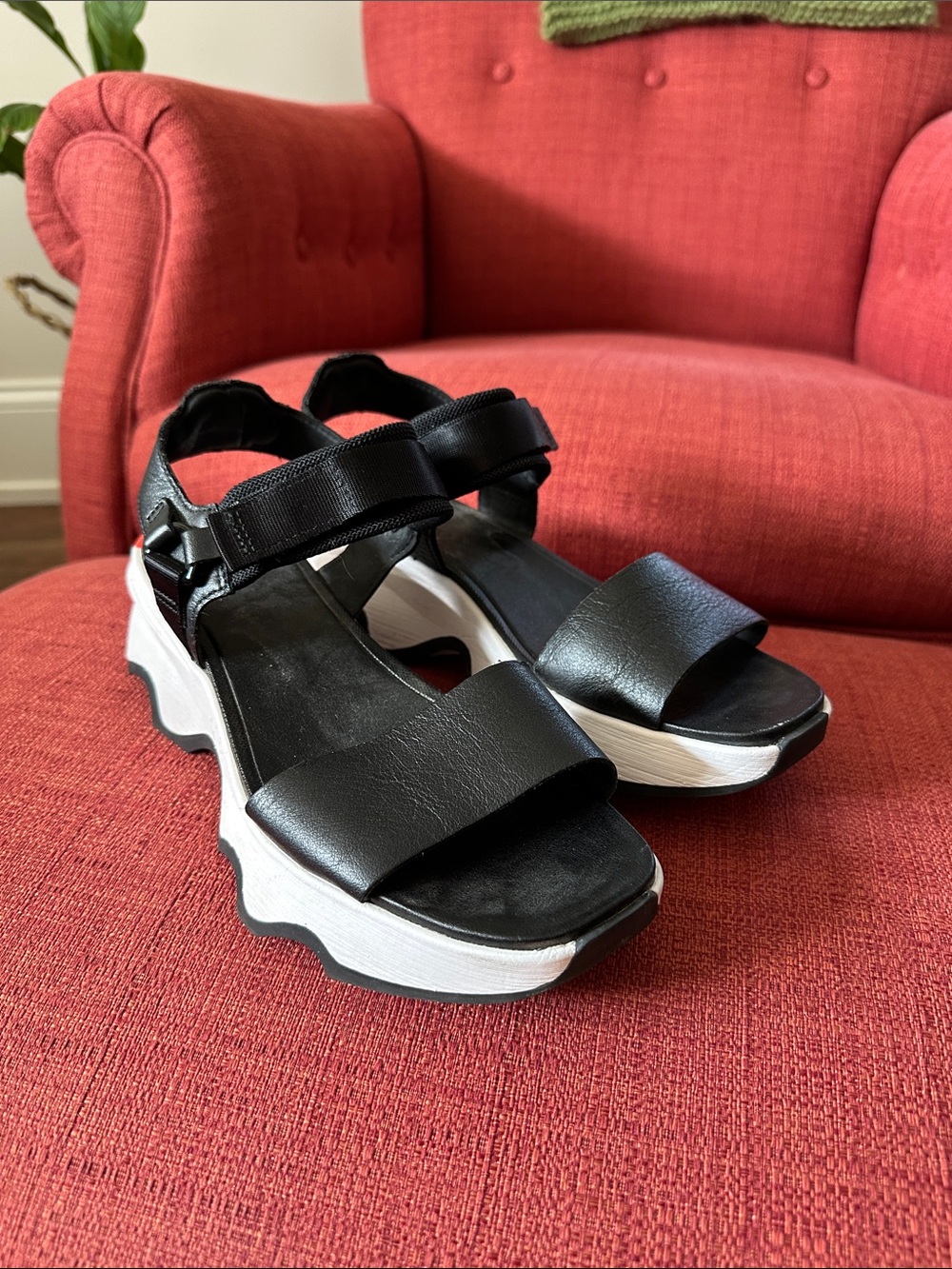 Sorel Black and White Platform Sport Sandals